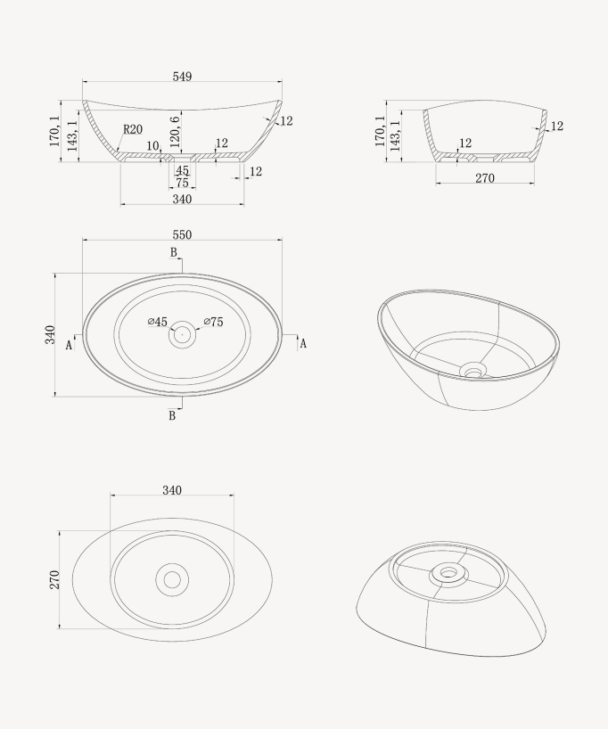 Lavabo ovale da appoggio in solid surface Bianco opaco - Loandjili
