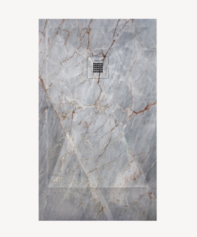 Piatto doccia Quarzo Grigio, finitura Lisse Stone 3D, griglia colorata