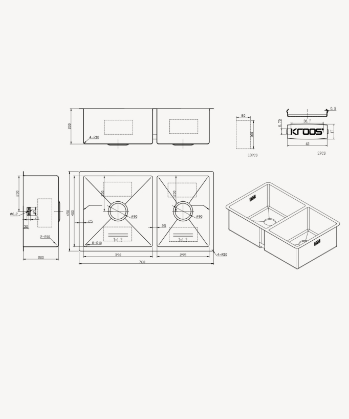 Lavello da cucina doppio 760 mm - acciaio inox - Jaboty