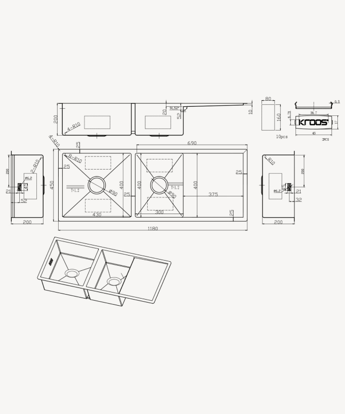 Lavello da cucina doppio 1180 mm - acciaio inox - Filao