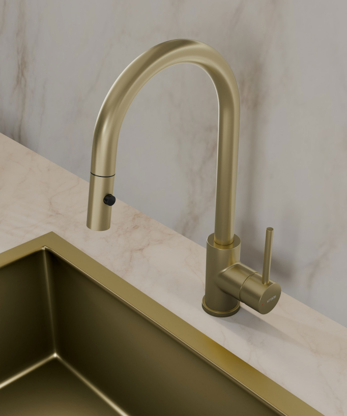 Miscelatore cucina moderno con doccetta - oro spazzolato - Corbeau