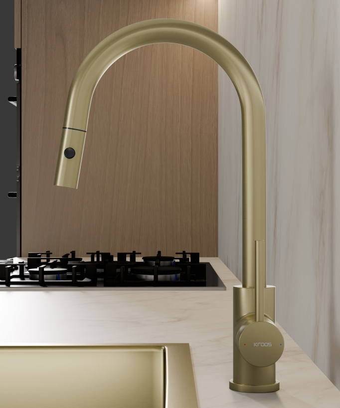 Miscelatore cucina moderno con doccetta - oro spazzolato - Corbeau