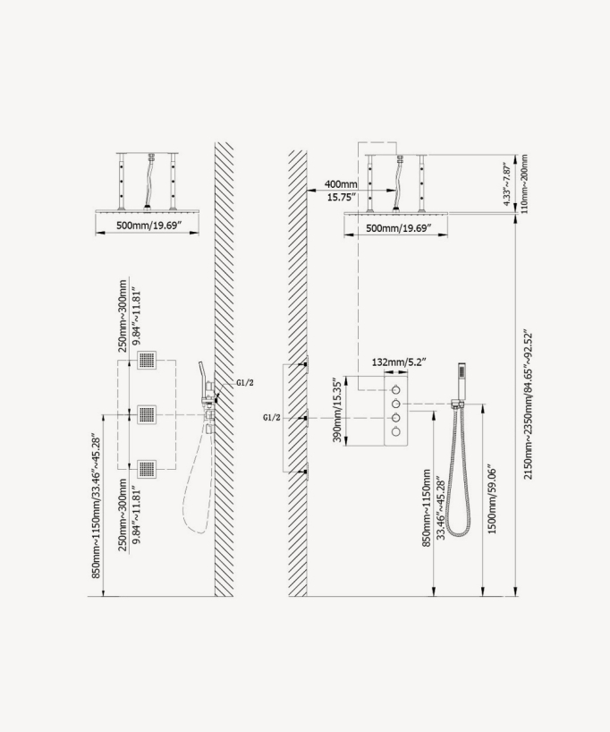 Cielo doccia termostatico incassato soffitto 500 mm, 3 getti corpo Oro - Sirius