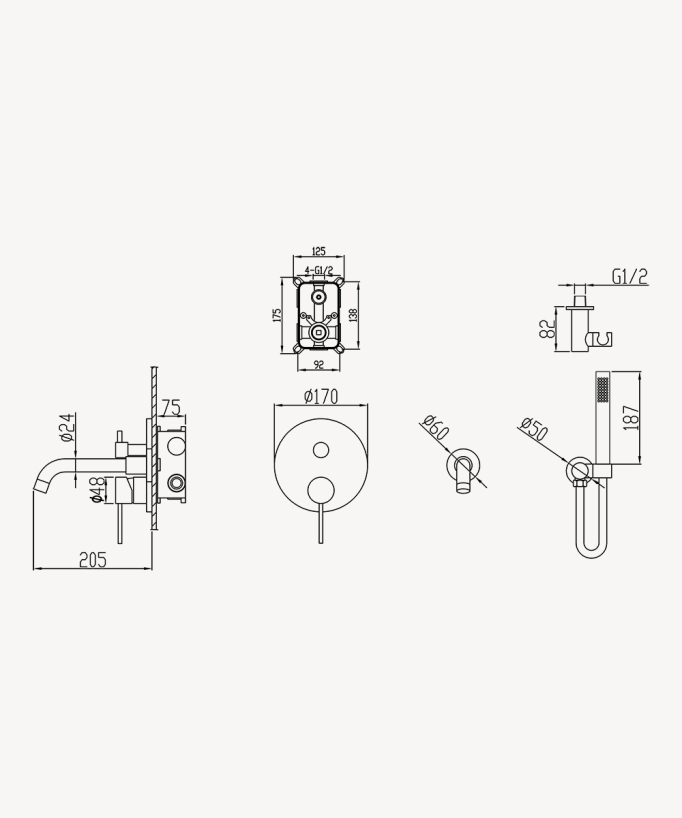 Miscelatore vasca-doccia incasso 3 fori Moka spazzolato - Corbeau