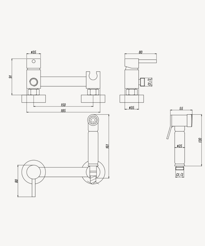 Kit miscelatore incasso WC a 2 fori - Cromato
