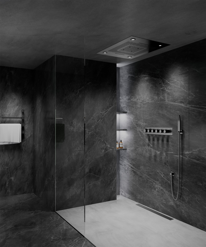 Composizione doccia termostatica con soffione LED e cromoterapia - 80x60 cm - Gun metal