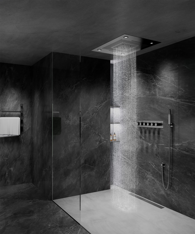 Composizione doccia termostatica con soffione LED e cromoterapia - 80x60 cm - Gun metal