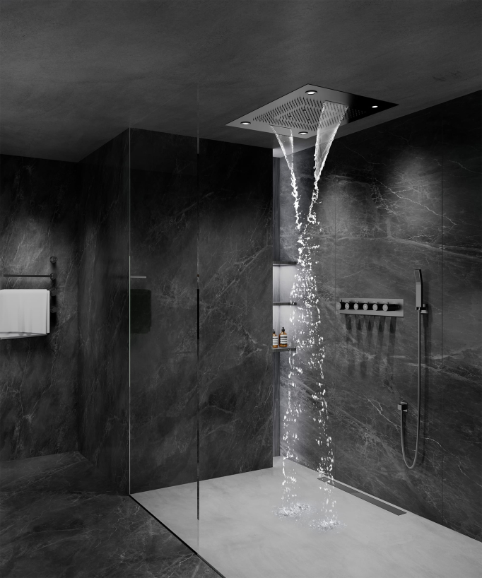 Composizione doccia termostatica con soffione LED e cromoterapia - 80x60 cm - Gun metal