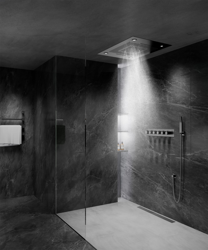 Composizione doccia termostatica con soffione LED e cromoterapia - 80x60 cm - Gun metal