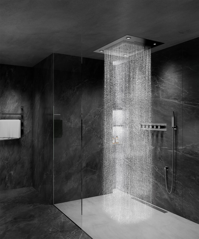 Composizione doccia termostatica con soffione LED e cromoterapia - 80x60 cm - Gun metal