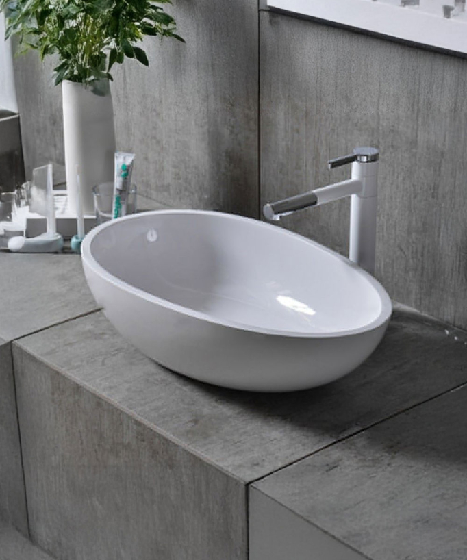 Lavabo ovale moderno in resina bianco lucido