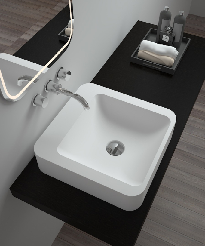 Lavabo quadrato da appoggio in solid surface Bianco opaco - Luna