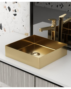 Lavabo quadrato da appoggio in acciaio inox, oro spazzolato, 40x40 cm - small
