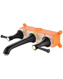 Rubinetto lavabo a parete nero, bocca lunga con doppie maniglie - small