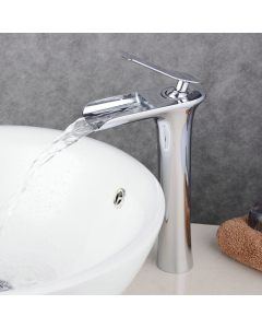 Rubinetto lavabo a cascata cromato in ottone, monocomando alto design squadrato - small