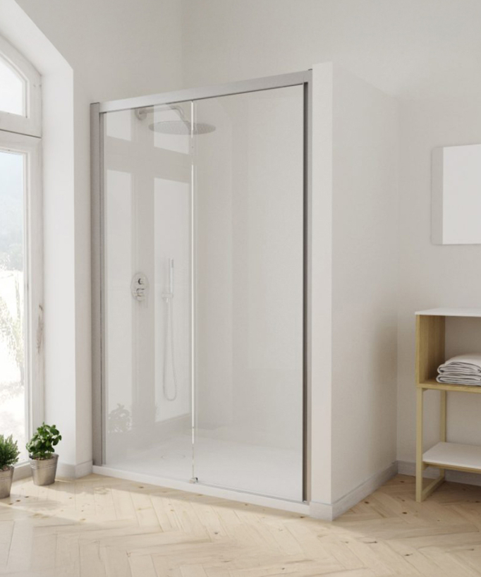 Paroi de douche coulissante avec profilés nickel brossé, installée entre deux murs.