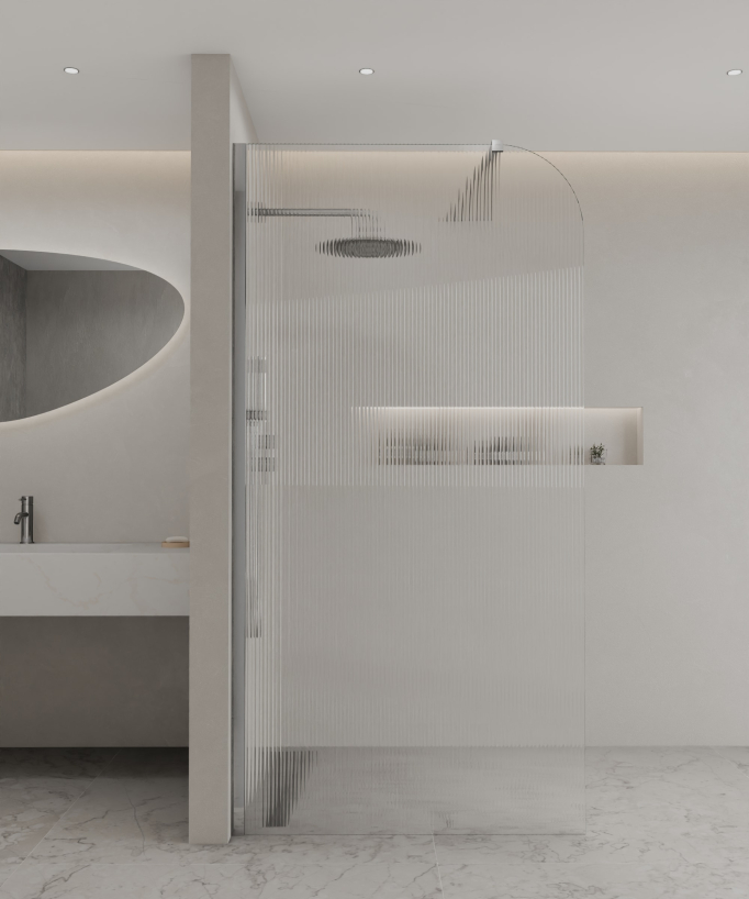 Paroi de douche fixe en verre cannelé et profilé en acier inoxydable chromé collection Cuba