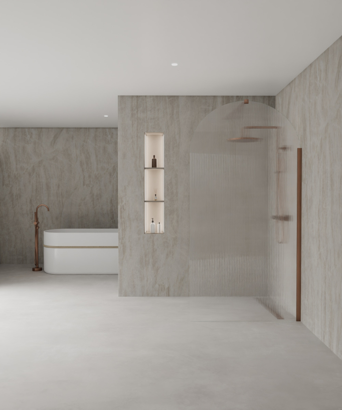 Nisa - Parete doccia walk-in vetro scanalato curvo profilo oro rosa spazzolato - small