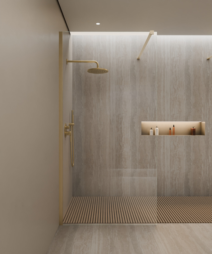 Paroi de douche fixe design , verre trempé transparent avec profilé et berre de stabilisation doré brossé
