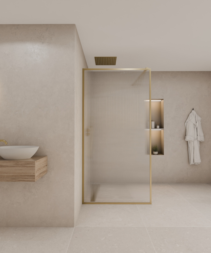 Sintra - Parete doccia fissa con profili oro spazzolato e vetro scanalato