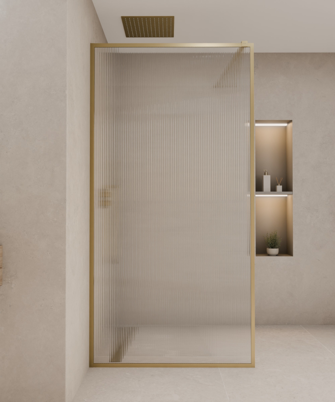 Sintra - Parete doccia fissa con profili oro spazzolato e vetro scanalato