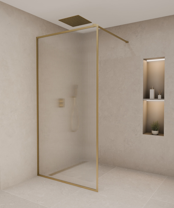 Sintra - Parete doccia fissa con profili oro spazzolato e vetro scanalato