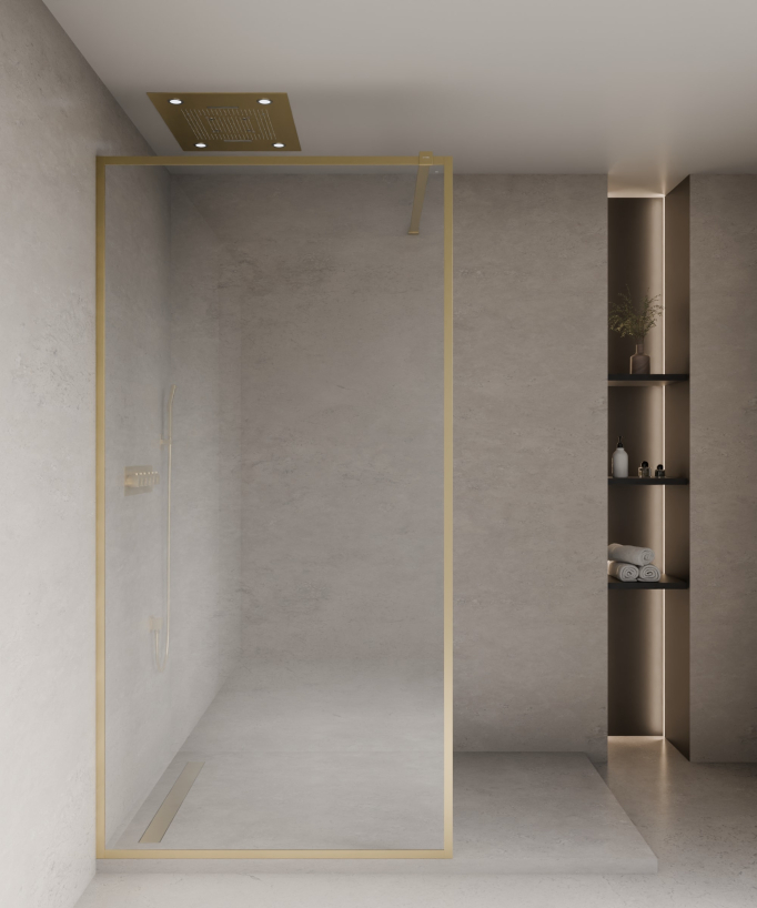 Evora - Parete doccia fissa in vetro trasparente, cornice oro spazzolato