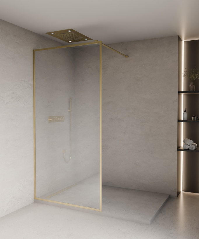 Evora - Parete doccia fissa in vetro trasparente, cornice oro spazzolato