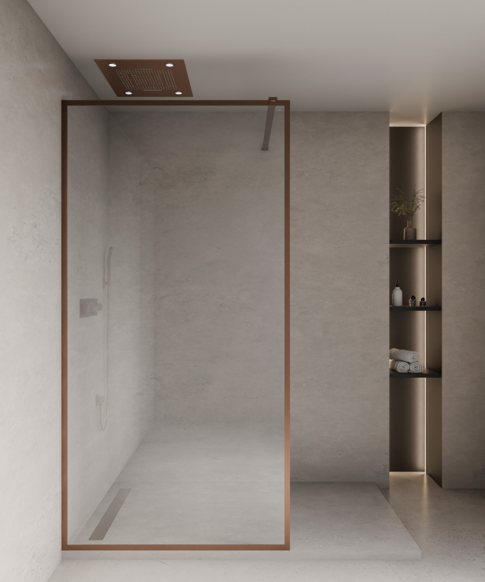 Evora - Parete doccia fissa in vetro trasparente, cornice oro rosa spazzolato