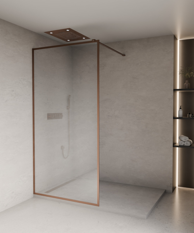 Evora - Parete doccia fissa in vetro trasparente, cornice oro rosa spazzolato