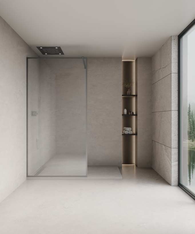 Paroi douche en verre trempé Sécurit transparent délimitée par des profilés finition gris gun metal formant un cadre posée sur un receveur de douche plat