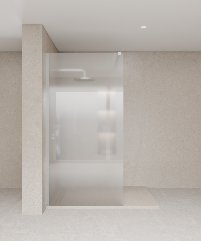 Paroi de douche fixe collection Tavira en verre trempé givré et profilé chromé posée sur un receveur de douche extra plat beige