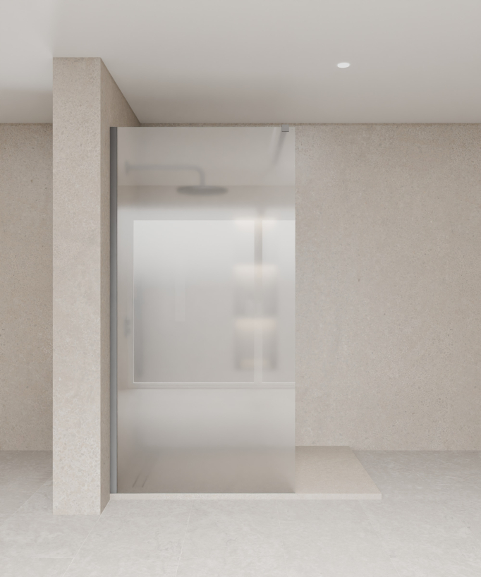 Paroi de douche fixe collection Tavira en verre trempé givré et profilé gris gun metal posée sur un receveur de douche extra plat beige