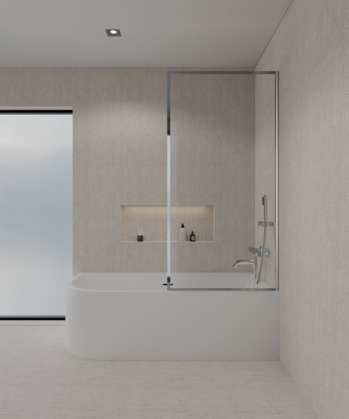 Paroi de douche baignoire posée sur une baignoire blanche en verre trempé securit transparent avec cadre en acier inoxydable chromé assorti à la robinetterie de bain chromée