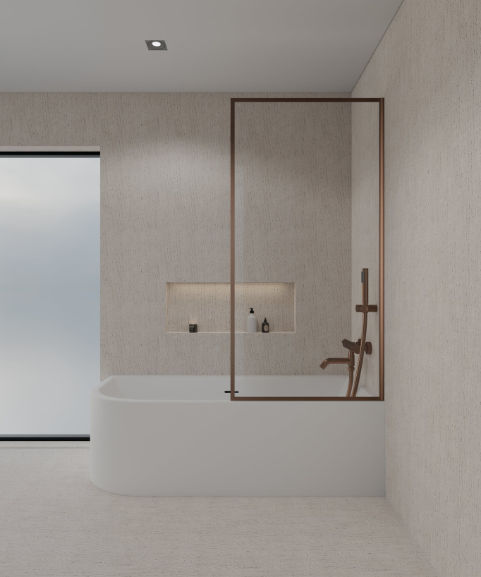 Paroi de douche baignoire posée sur une baignoire blanche en verre trempé securit transparent avec cadre en acier inoxydable or rose brossé assorti à la robinetterie de bain or rose brossé