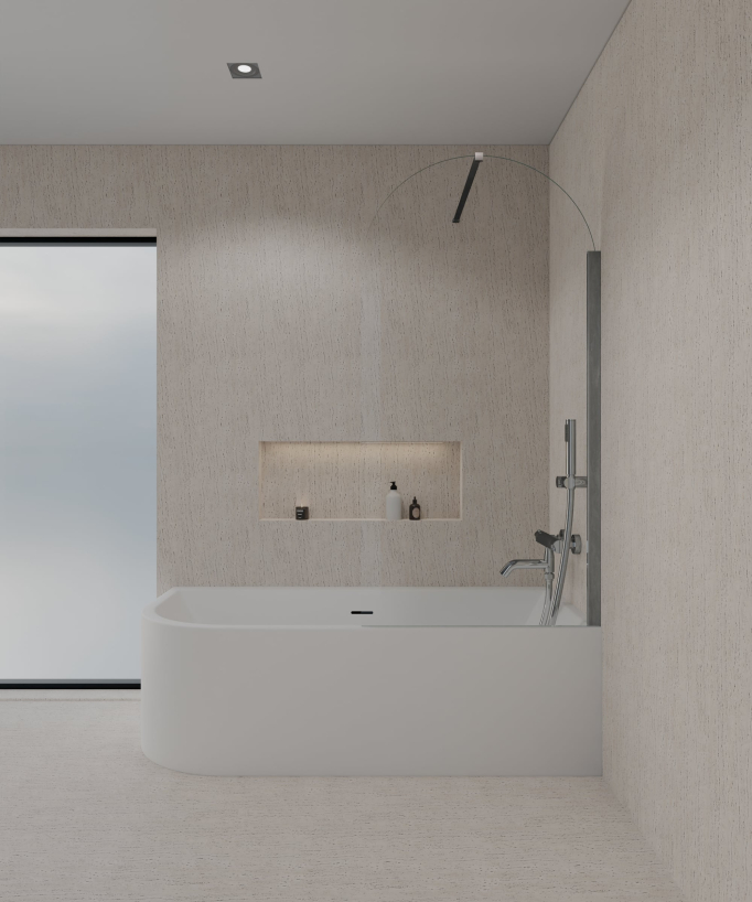 Paroi de douche sur baignoire composée d'un verre trempé transparent en forme d'arche avec profilé et barre de fixation murale couleur chromée