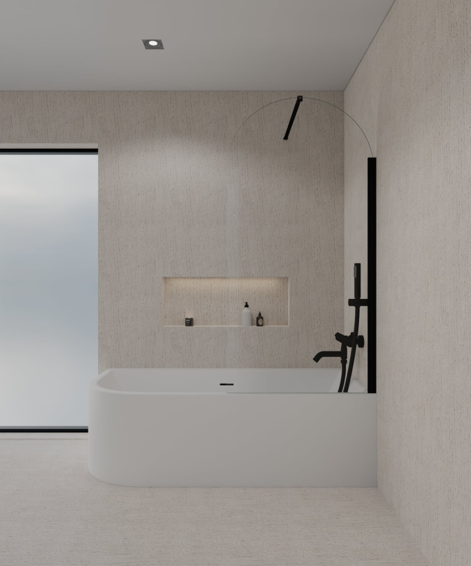 Paroi de douche sur baignoire composée d'un verre trempé transparent en forme d'arche avec profilé et barre de fixation murale couleur noire