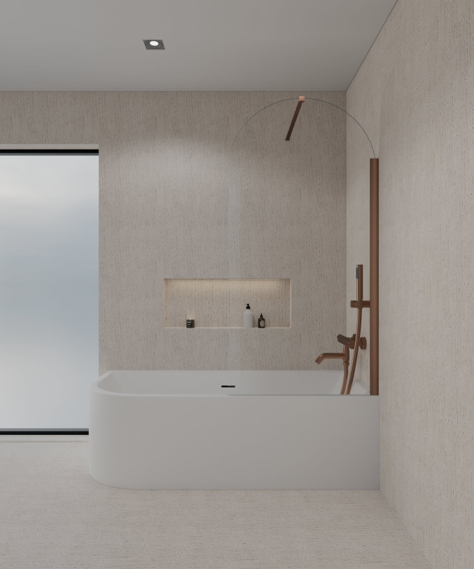 Paroi de douche sur baignoire composée d'un verre trempé transparent en forme d'arche avec profilé et barre de fixation murale couleur or rose brossé