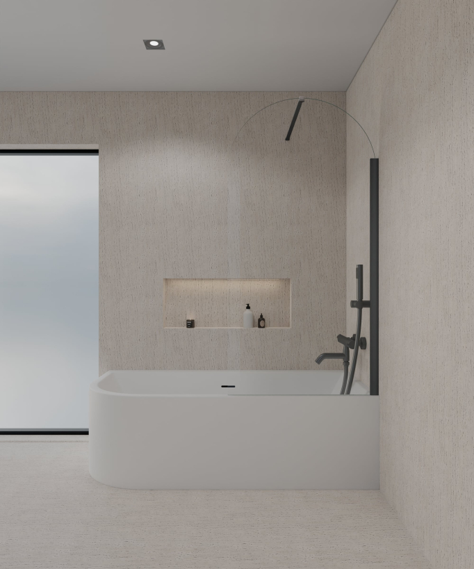 Paroi de douche sur baignoire composée d'un verre trempé transparent en forme d'arche avec profilé et barre de fixation murale couleur gris gun metal