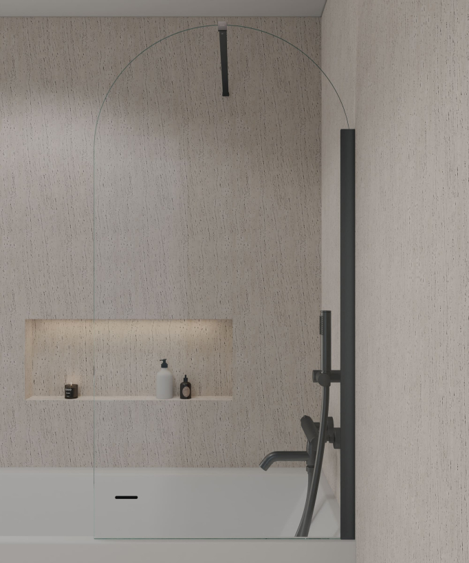 Pare-baignoire fixe 70 x 140 cm en verre trempé arche avec profilé et barre de renfort gun metal - Leira 