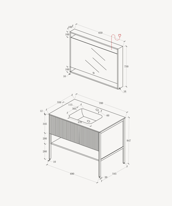 Meuble de salle de bain Gris Calcutta - 70 cm