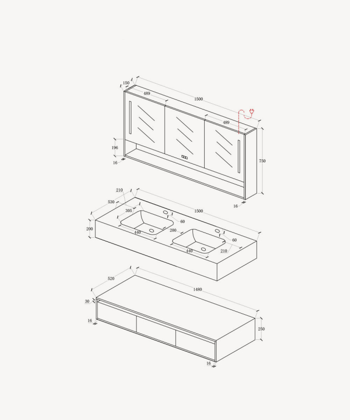 Ensemble de salle de bain double vasque avec miroir Gris - Madras -150 cm