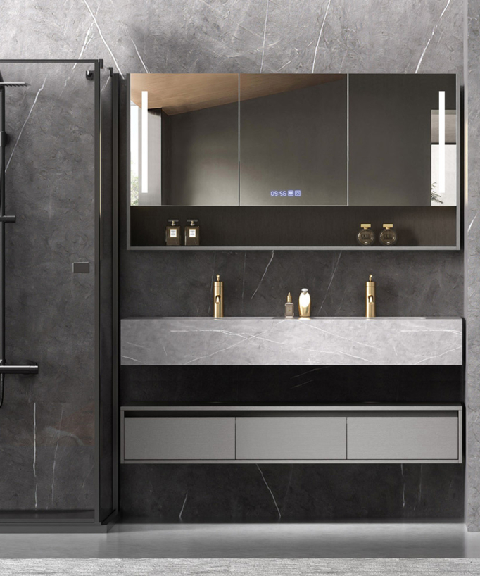 Ensemble de salle de bain double vasque avec miroir Gris - Madras -150 cm
