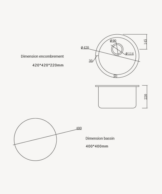 Évier rond 420 mm - granit noir - Ebène