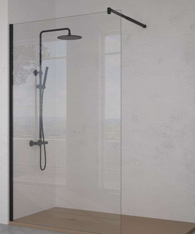 Paroi de douche en verre transparent avec profilé et barre de stabilisation noir
