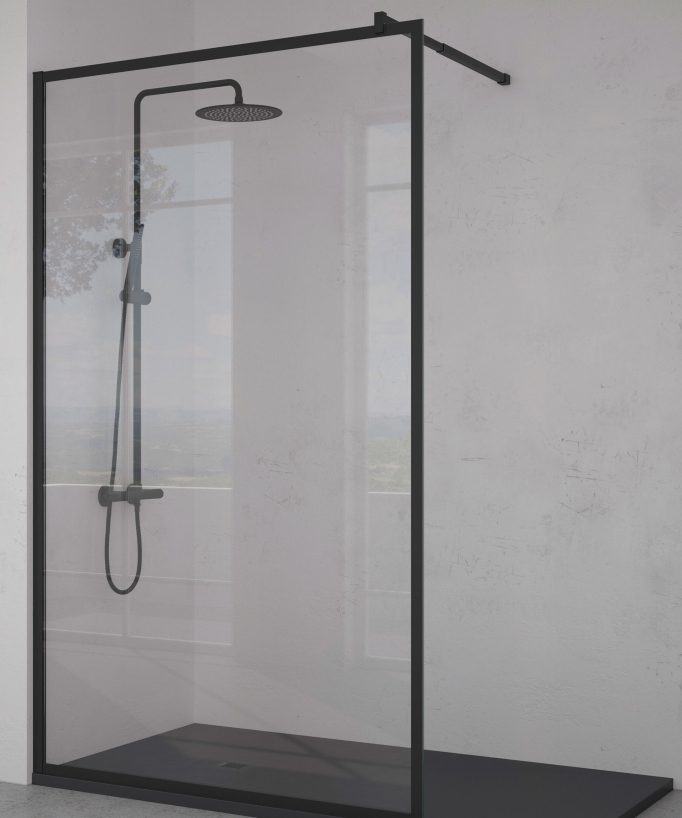 Paroi de douche fixe avec profilés et barre de renfort noirs 