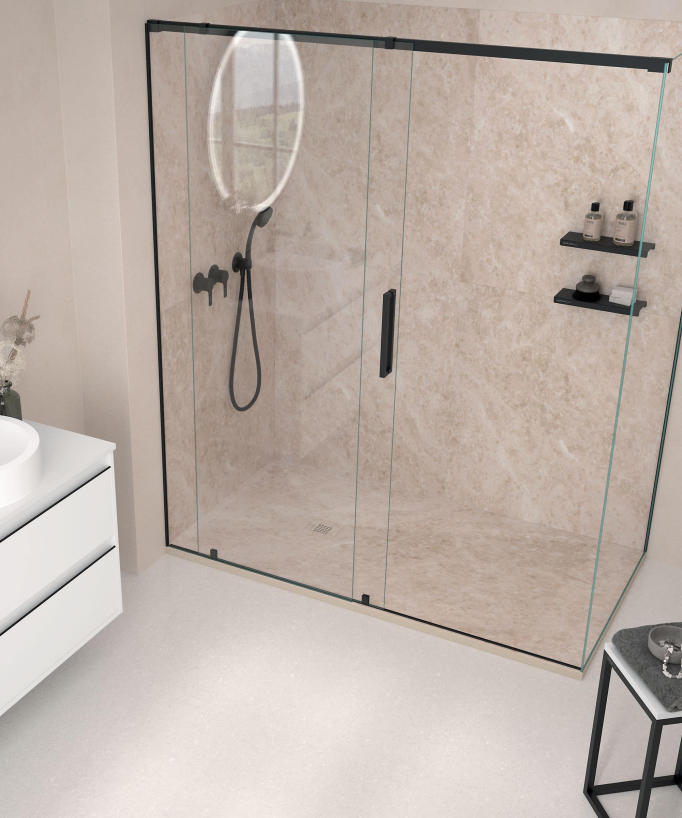 Piatto doccia Moscato crema, finitura Liscia Stone 3D, griglia colorata