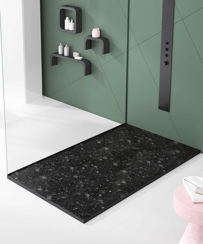 Piatto doccia Terrazzo Nero, finitura Liscia Stone 3D, griglia colorata