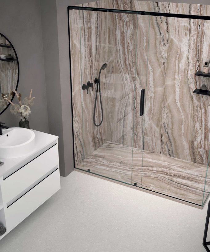 Piatto doccia Travertino marrone, finitura Liscia Stone 3D, griglia colorata