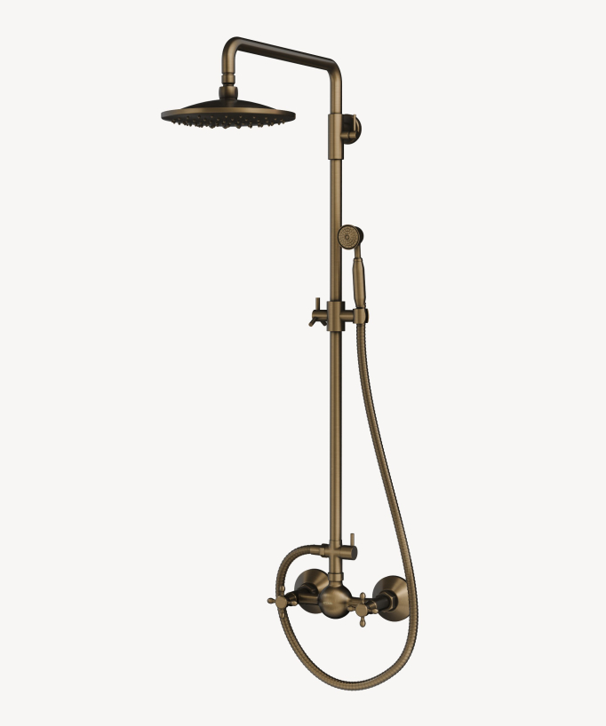 Colonne de douche bronze, de type mélangeur avec poignées en croisillons, pommeau de douche rond et douchette à main sur support amovible